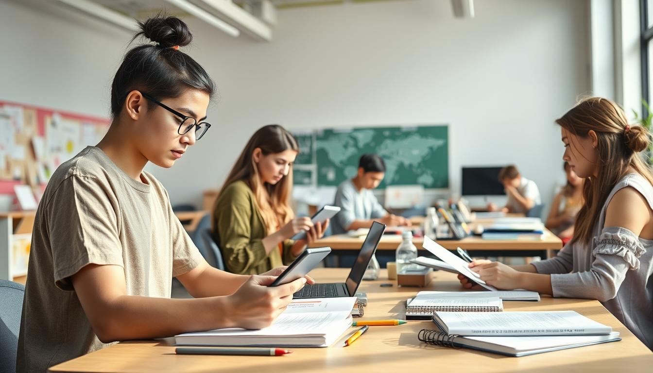 Student using a study guide to organize academic notes